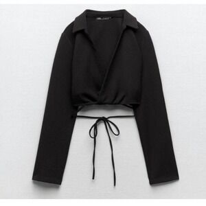 Zara Black Cropped Wrap Tie-Front Top